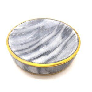 Soap Dish Round Gray Tiger Marble with Brass Trim New